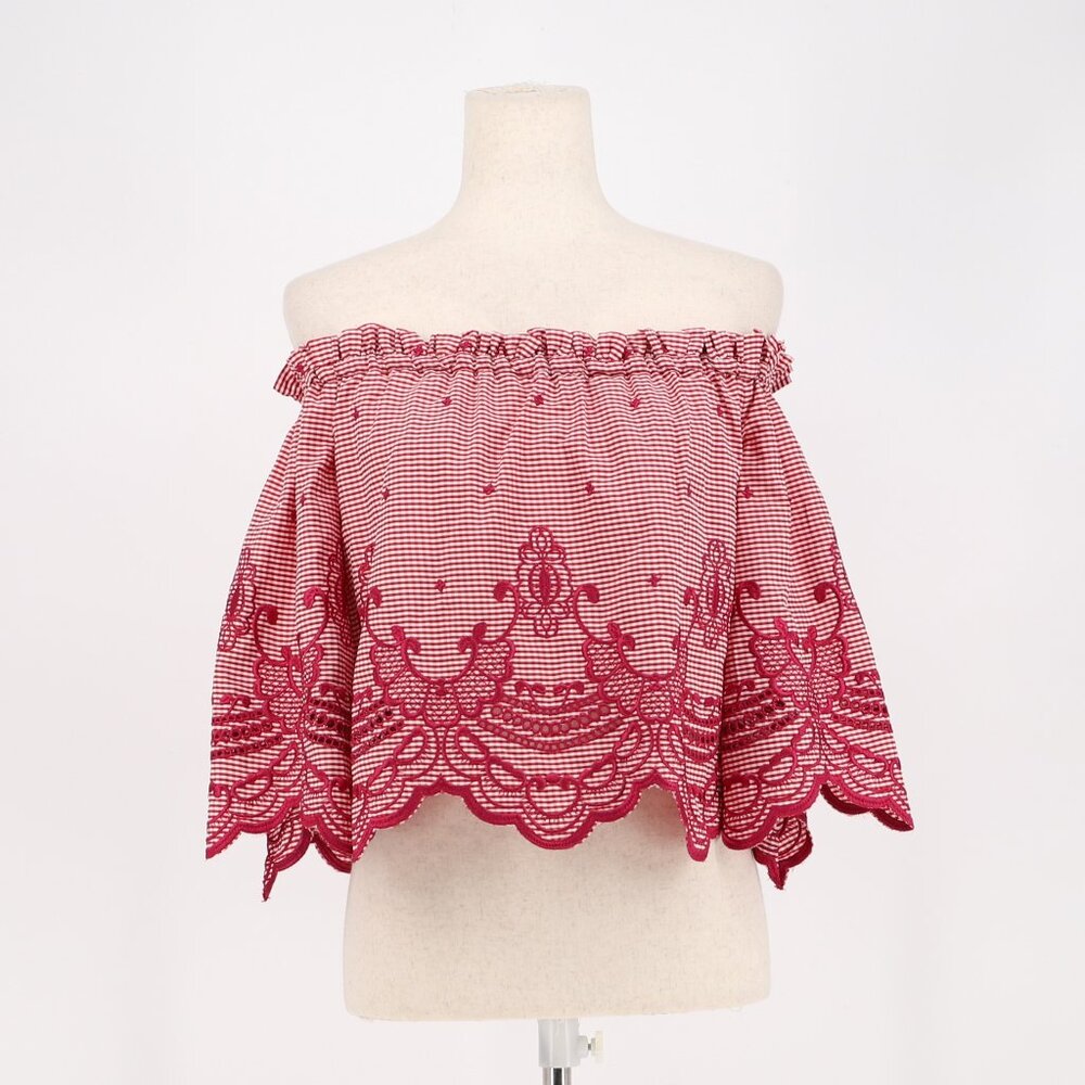 ALEXIS Ellis Off-the-shoulder Gingham-print Crop Top With Embroidery Red Size XS